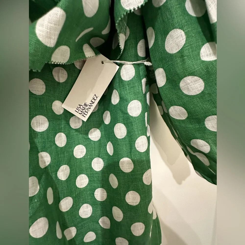 NWT Lisa Marie Fernandez Arden One Shoulder Linen Green & White Polka Dot Dress - Picture 6 of 10